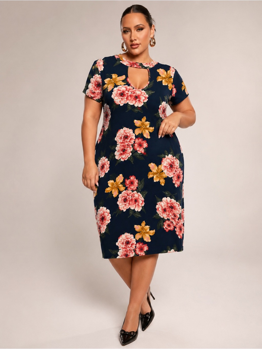 NEW CLEO Apparel Women’s Floral Choker Neck Dress Size 3X Navy Pink Short Sleeve
